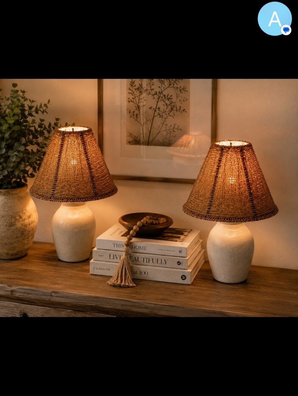 Vintage Glass Seed Beaded Lamp Shades 2 Boho Coastal Natural Fiber Small Shades
